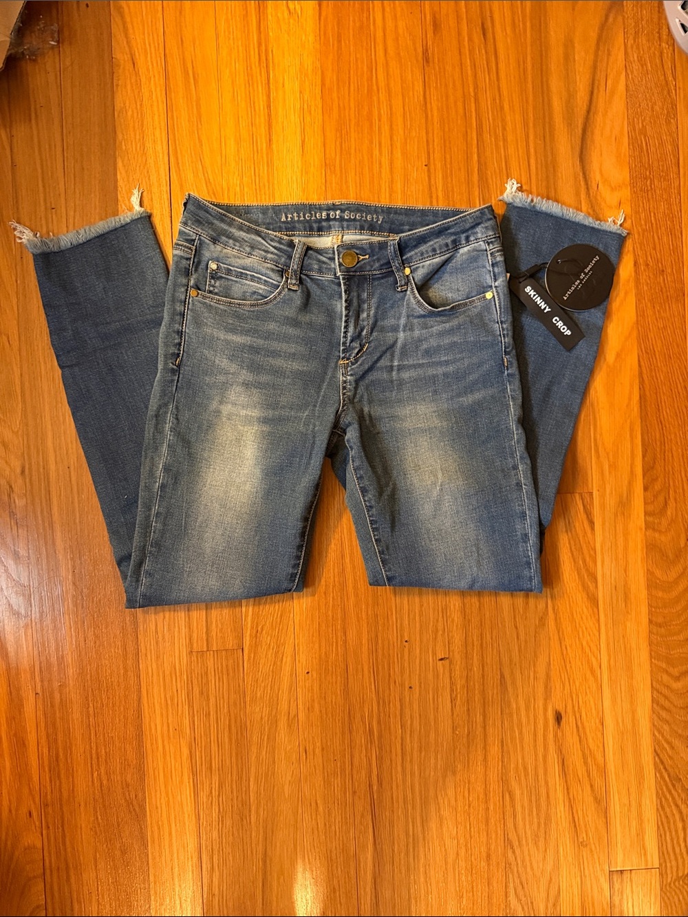Articles Of Society Medium Blue Skinny Crop Jeans with Frayed Hem